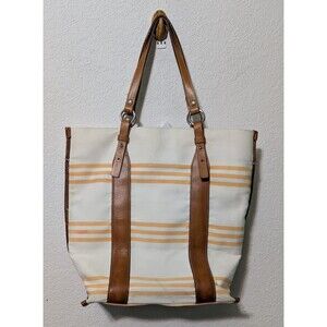 BURBERRY BLUE LABEL Tote Bag Striped Canvas White And Orange Leather Trim